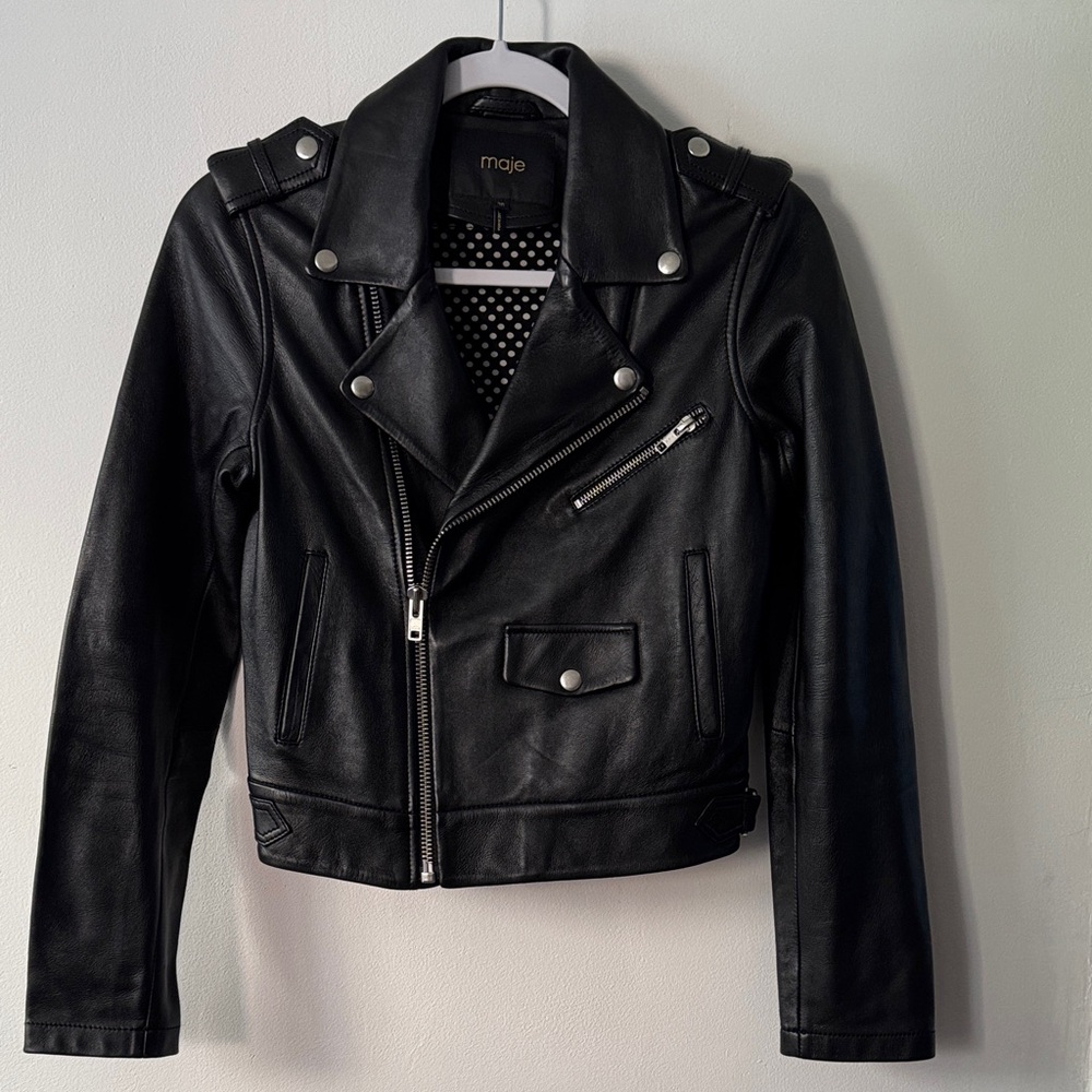 Maje Classic Black Leather Biker Jacket with polka dots lining size XS